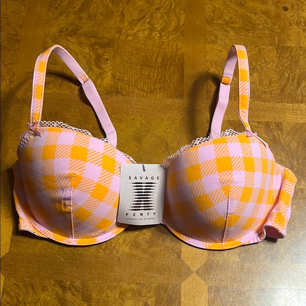 Savage X Fenty Vibrant Pink and Orange Gingham Bra